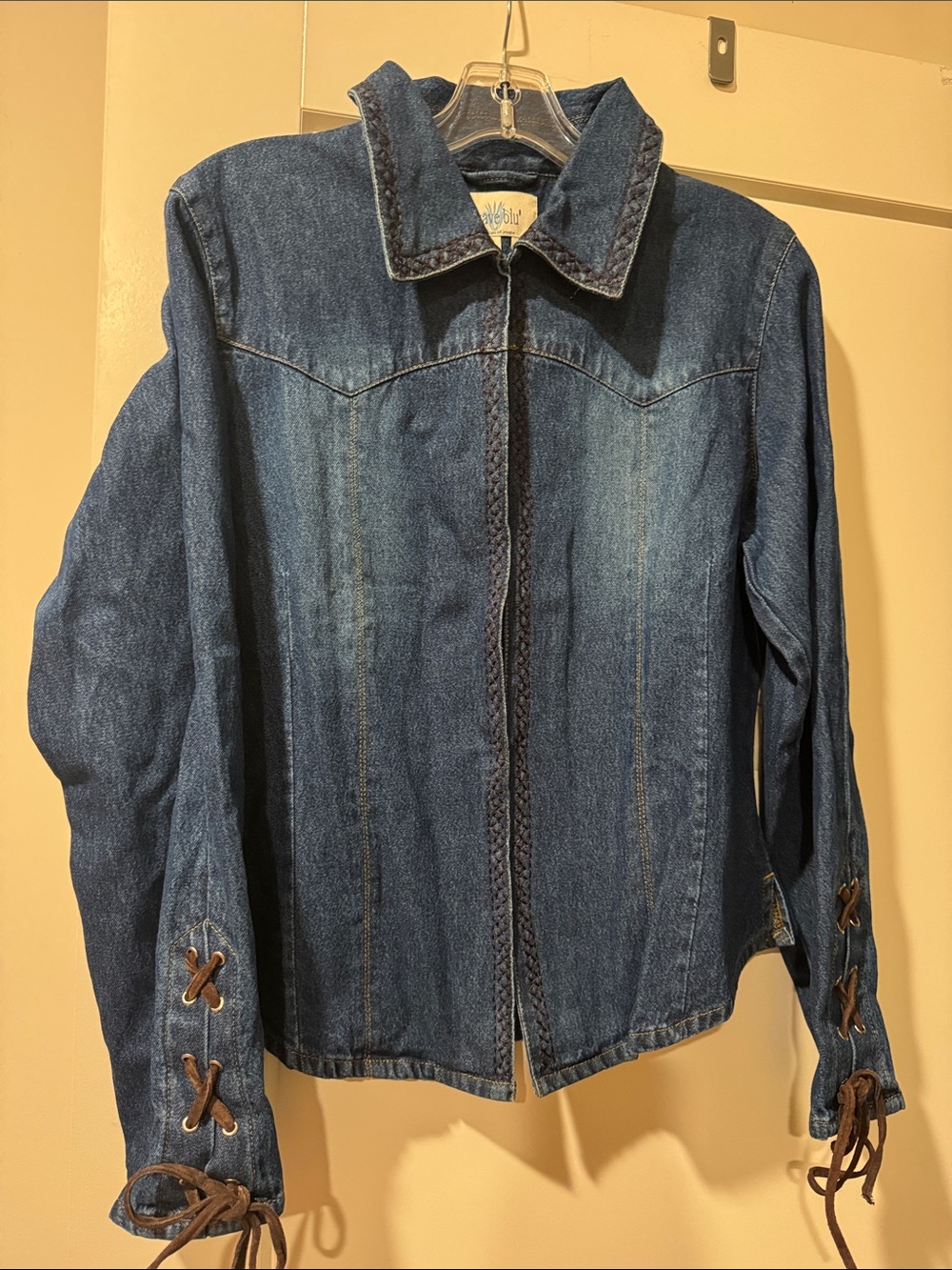 Agave Dark Blue Denim Button-Down Shirt with Lace-Up Cuffs